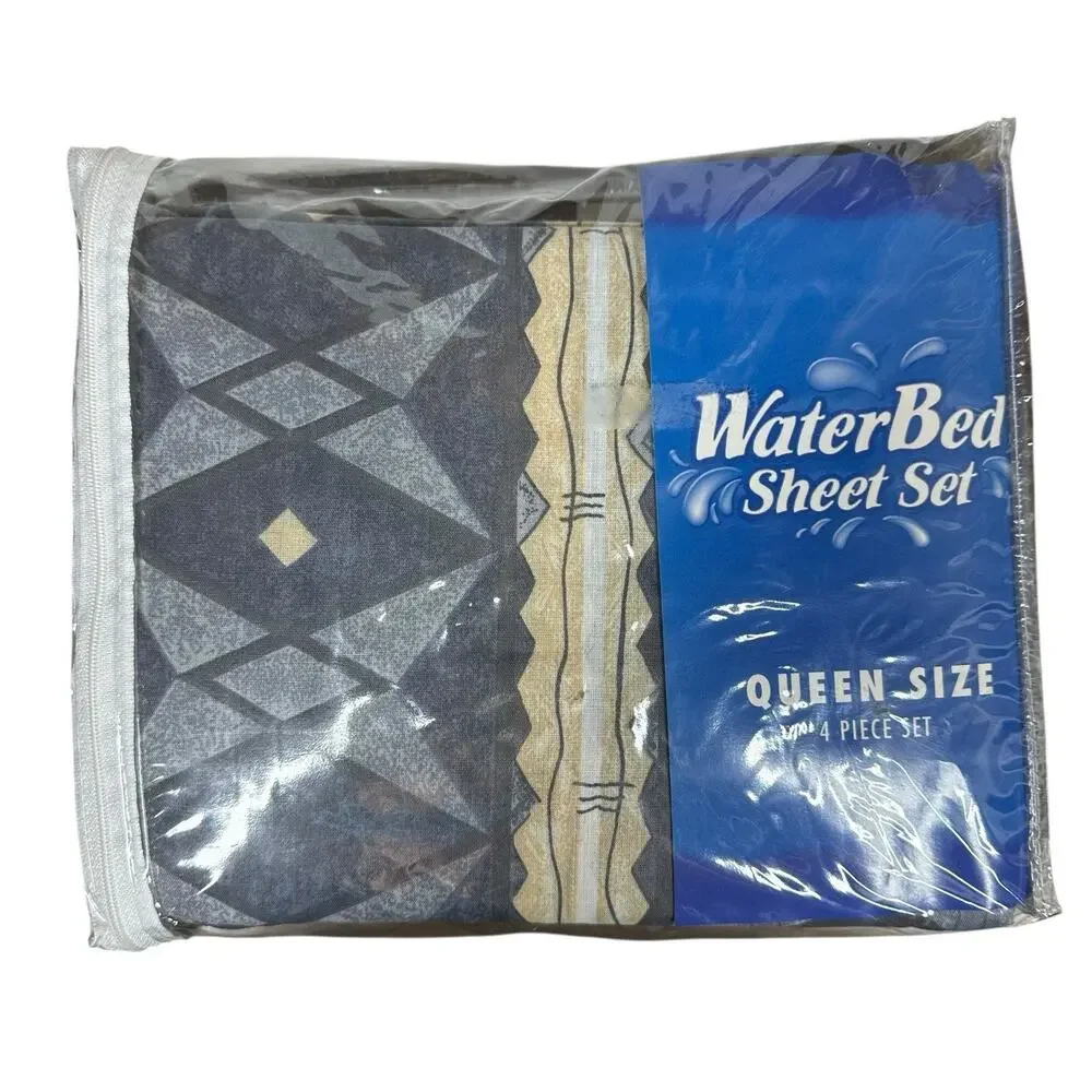 Vintage Waterbed Sheet Set Queen 80s 90s Geometric Print No Iron Poly Cotton NEW